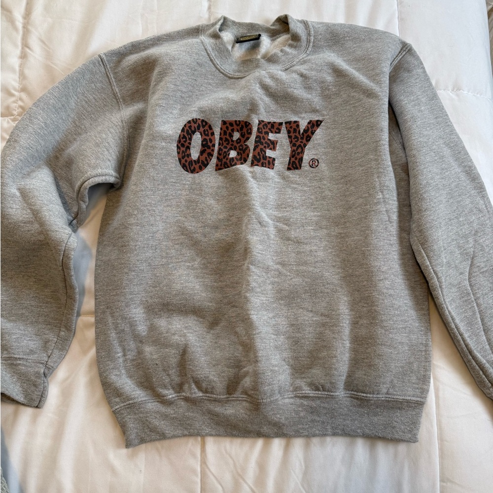 Obey Gray Crewneck Sweater with Leopard Print Logo